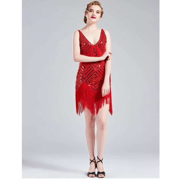 NWT red beaded deco flapper dress ALL SIZES - Picture 4 of 7